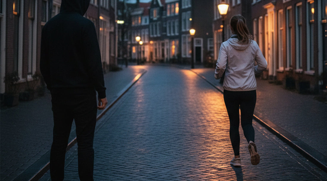 Vrouw die wordt nagekeken bij het hardlopen in de avond.