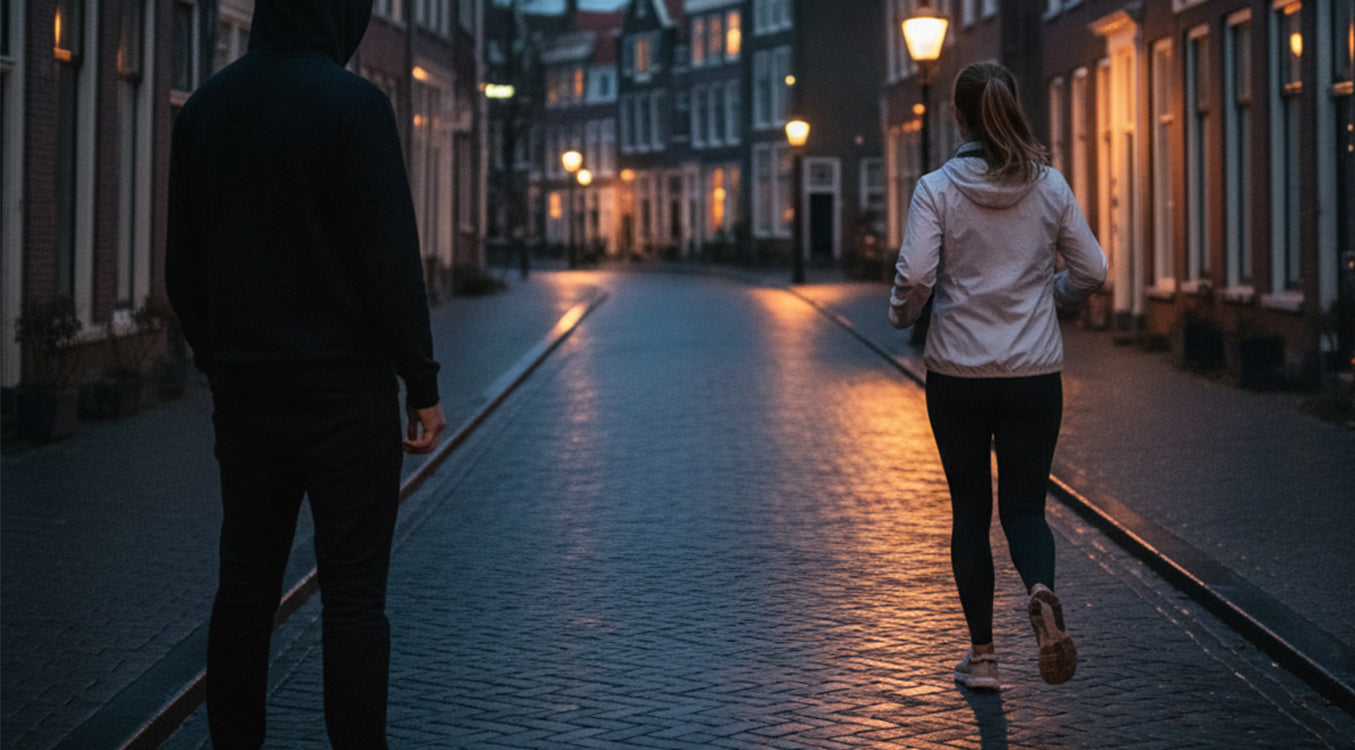 Vrouw die wordt nagekeken bij het hardlopen in de avond.